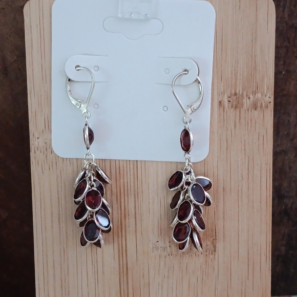 Silver Tone Synthetic Garnet Oval Cab Bezel Set Earrings - Picture 3 of 5